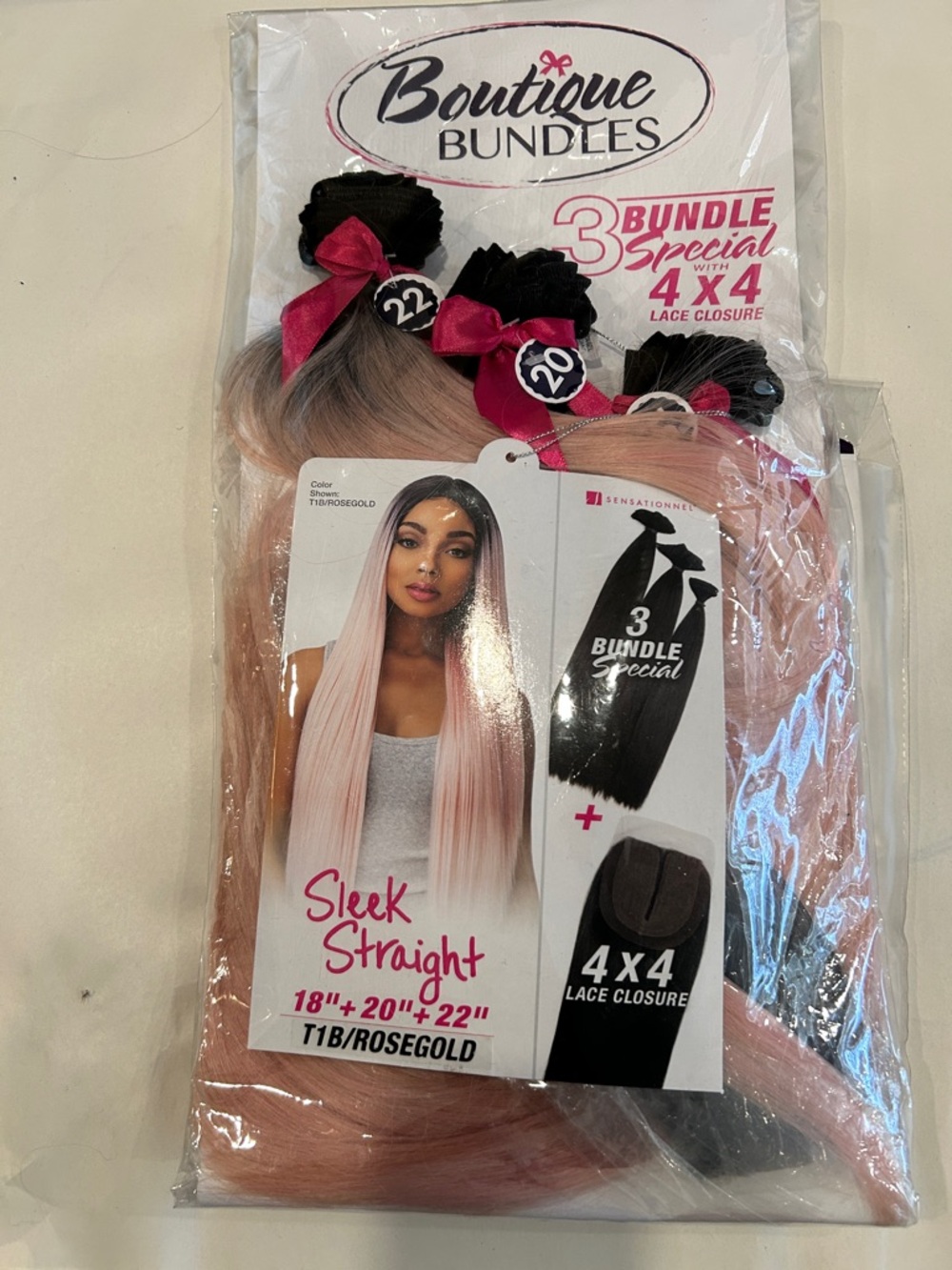 3-Bundle Hair Set with 4x4 Closure - T1B/Rose Gold